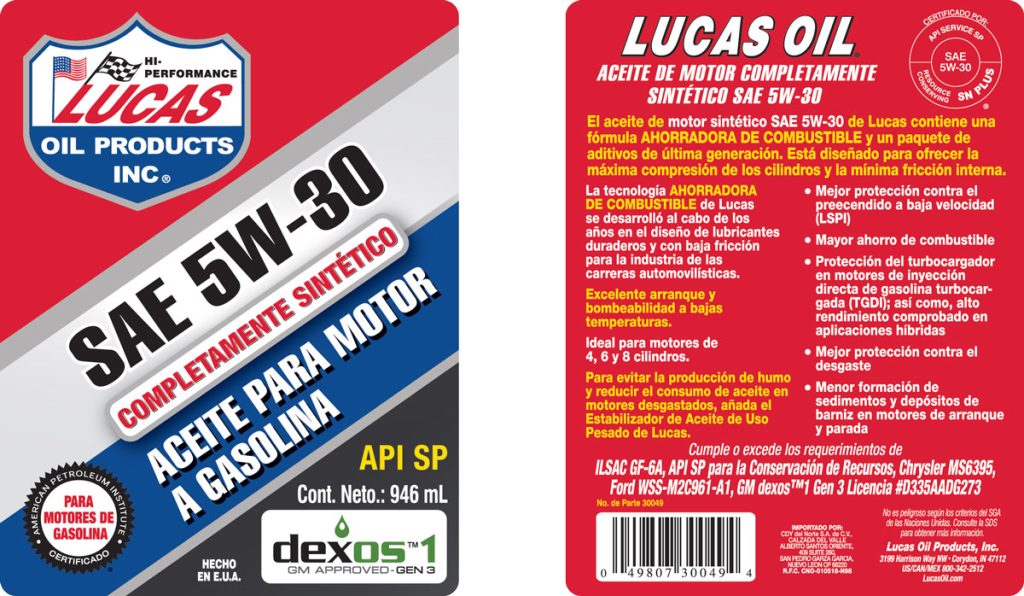 Synthetic Motor Oils SAE 5W-30 quart label