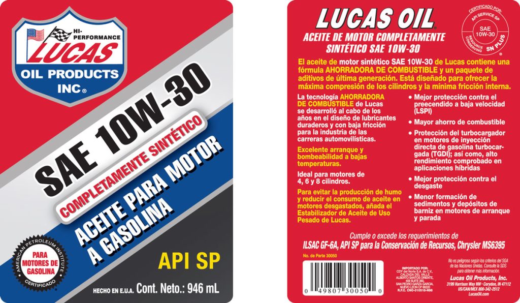 Synthetic Motor Oils SAE 10W-30 quart label