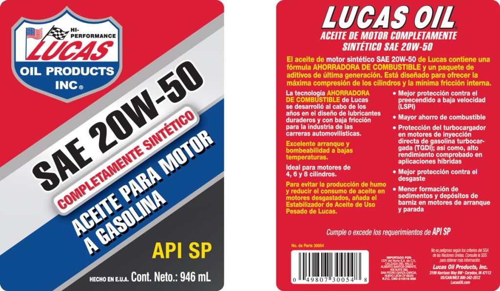 Synthetic Motor Oils SAE 20W-50 quart label