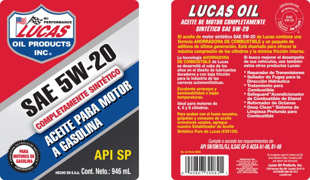 Synthetic Motor Oils SAE 5W-20 quart label