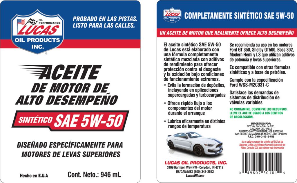 Synthetic Motor Oils SAE 5W-50 label