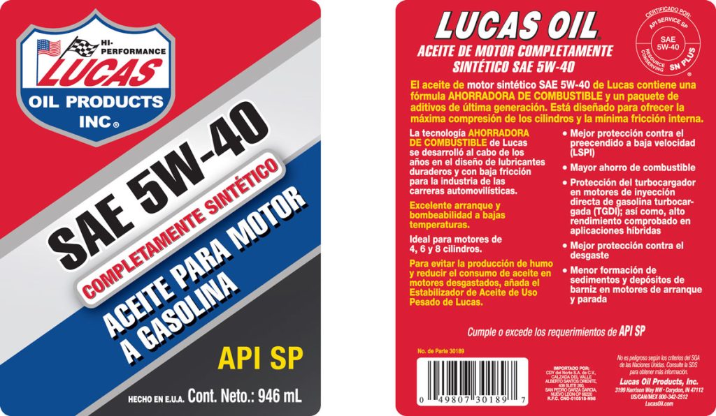 Synthetic Motor Oils SAE 5W-40 quart label