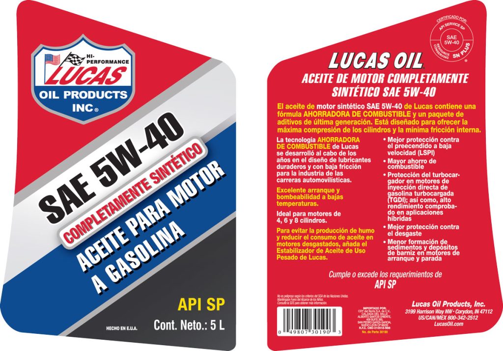 Synthetic Motor Oils SAE 5W-40 5L label