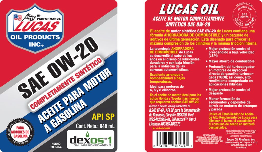 Synthetic Motor Oils SAE 0W-20 quart label
