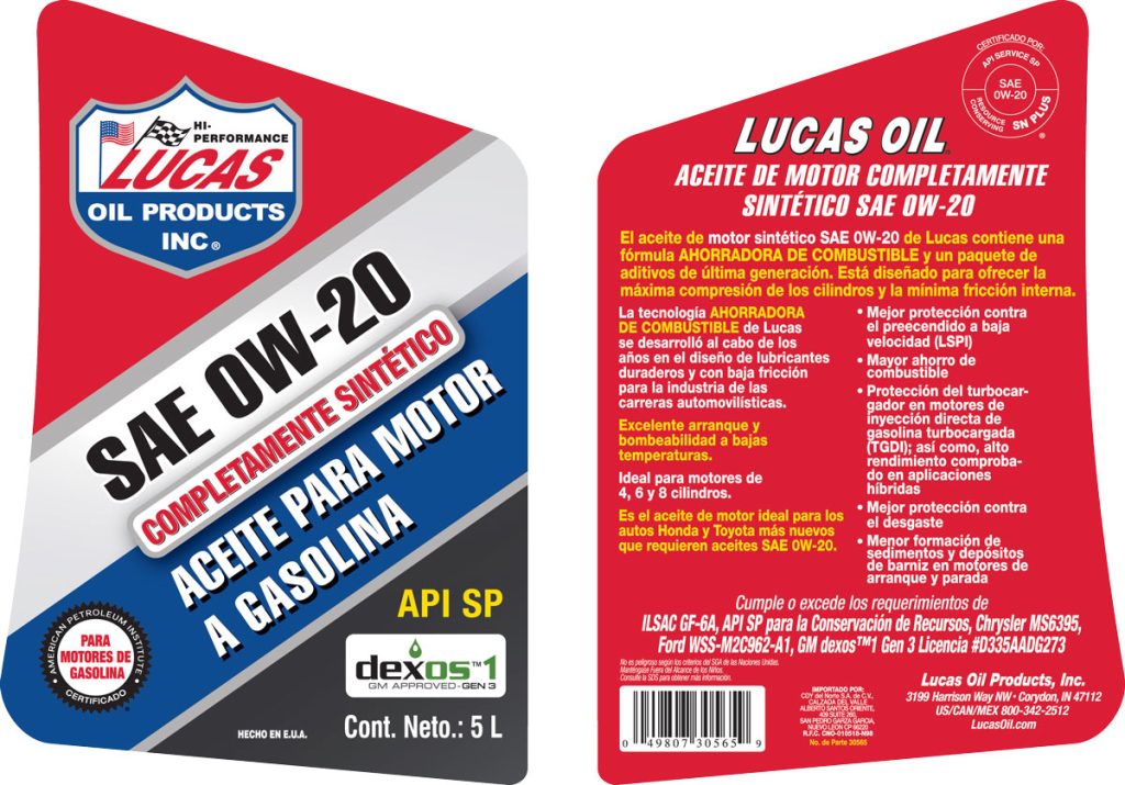 Synthetic Motor Oils SAE 0W-20 5L label