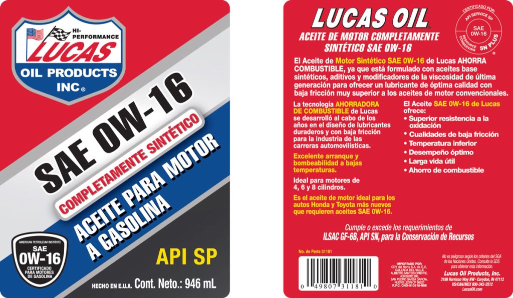 Synthetic Motor Oils SAE 0W-16 quart label