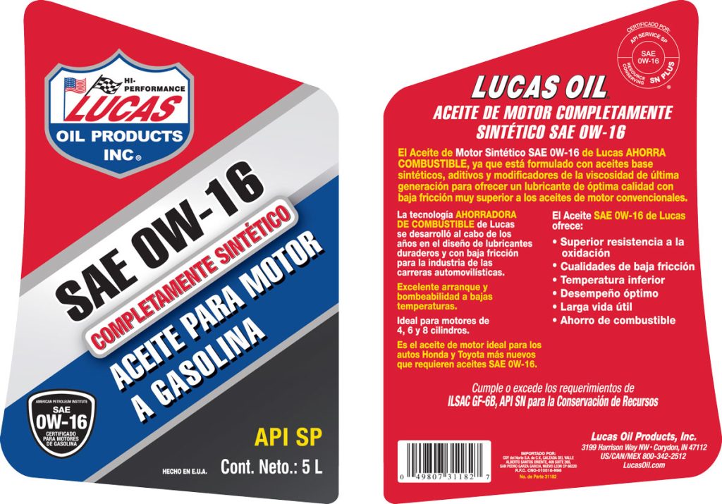 Synthetic Motor Oils SAE 0W-16 5L label